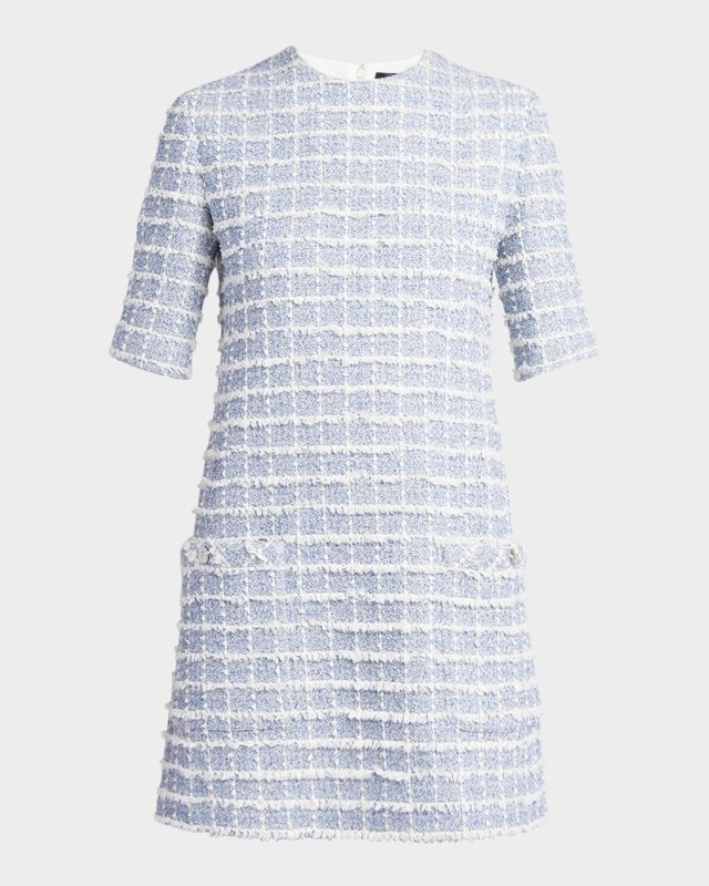 Short-Sleeve Windowpane Tweed Boucle Mini Dress